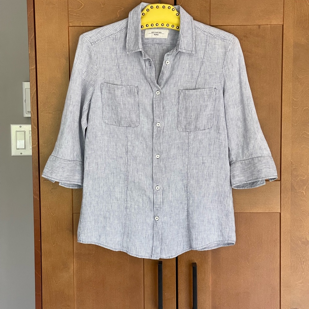 MAX MARA WEEKEND Women's Linen Blue/White Pinstripe Short Sleeve Shirt, Size 4-6 - Picture 13 of 14